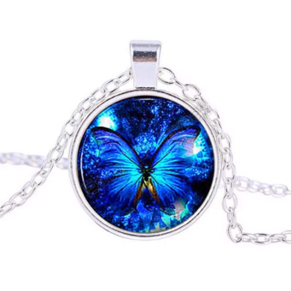 New Blue Glass Butterfly Cabochon  Necklace